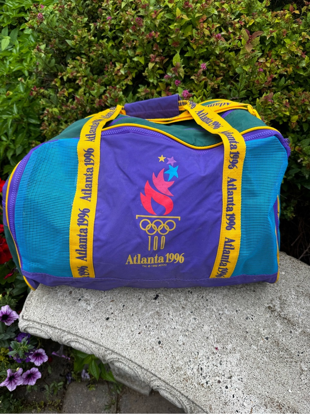 Avon Atlanta 1996 Multicolor Purple Teal Yellow Duffel Bag